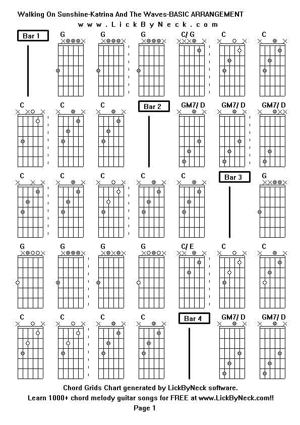 Chord Grids Chart of chord melody fingerstyle guitar song-Walking On Sunshine-Katrina And The Waves-BASIC ARRANGEMENT,generated by LickByNeck software.